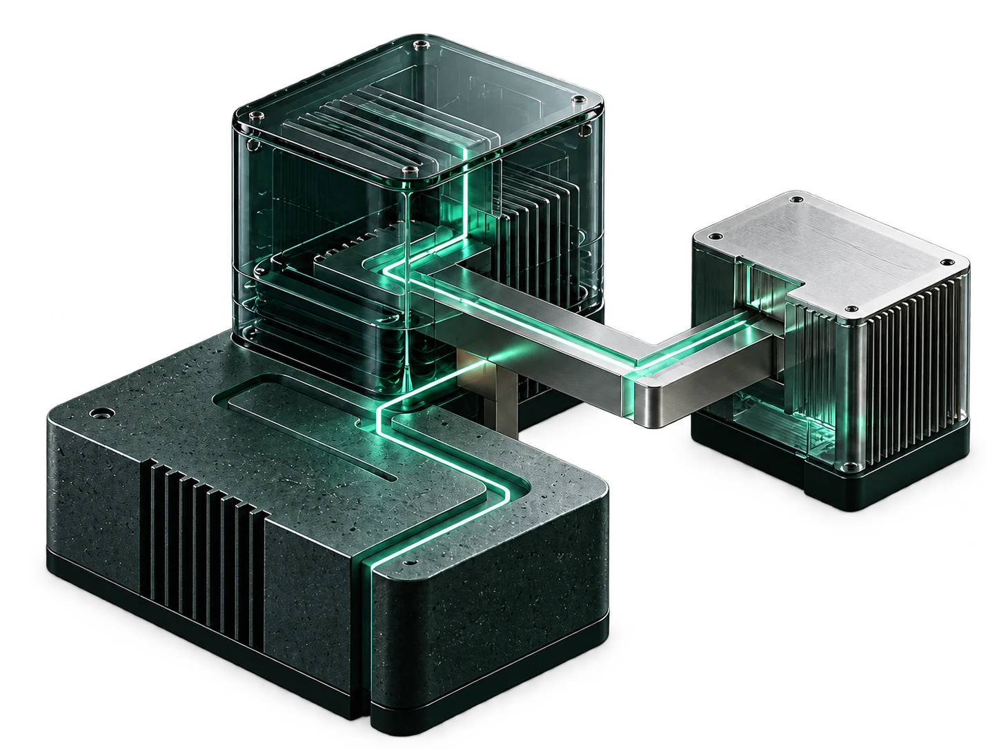 Sistema modular de metal y cristal conectado por un circuito luminoso mint
